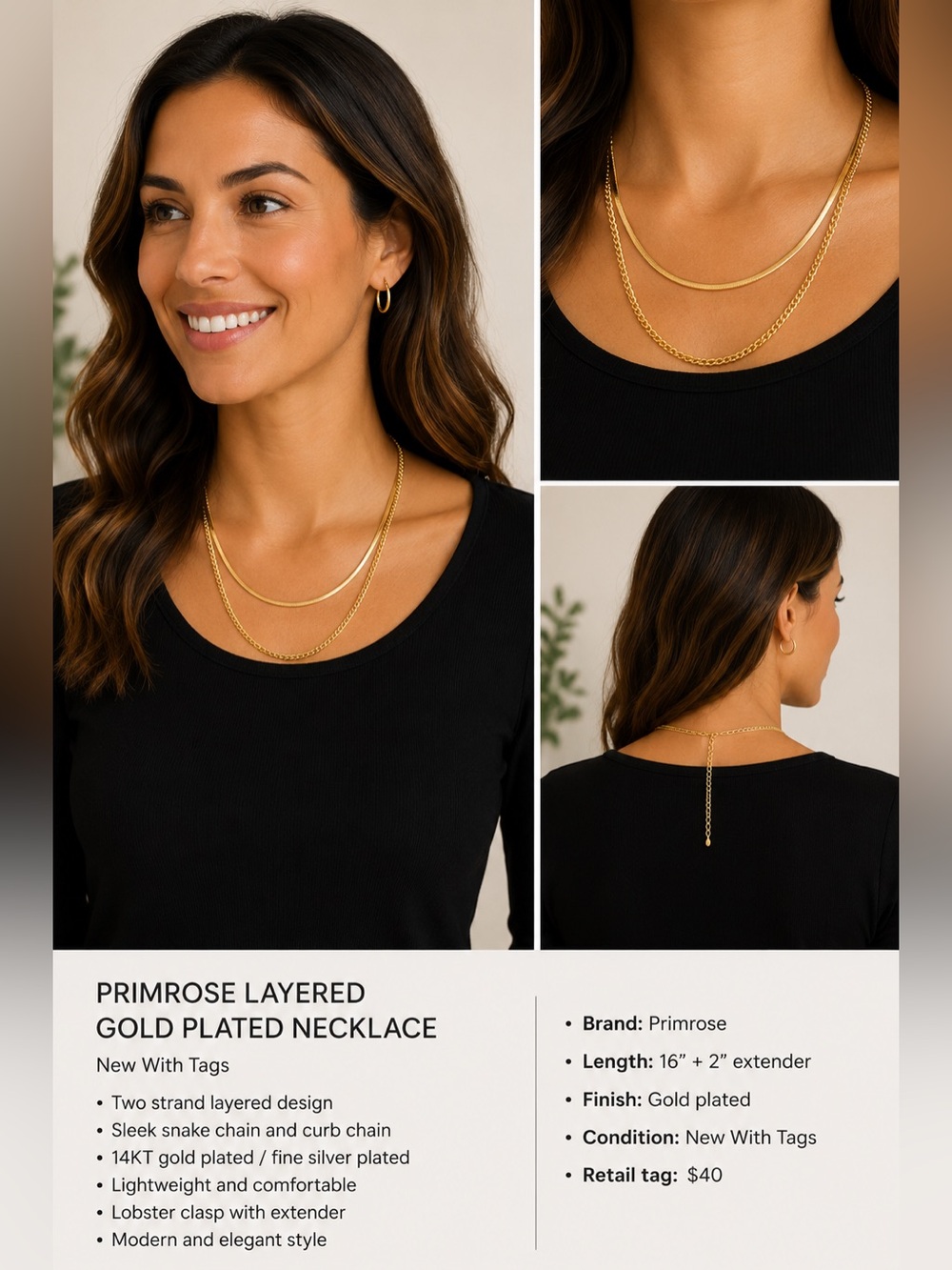 Primrose Layered Gold Plated Chain Necklace 16” + 2” NWT